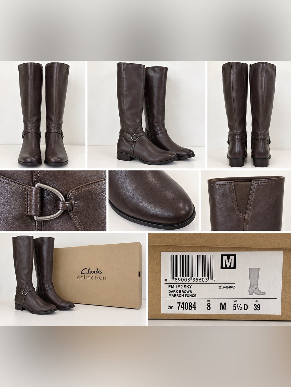 Clarks Dark Brown Leather Knee Boots with Ring Harness - Size 8 Womens